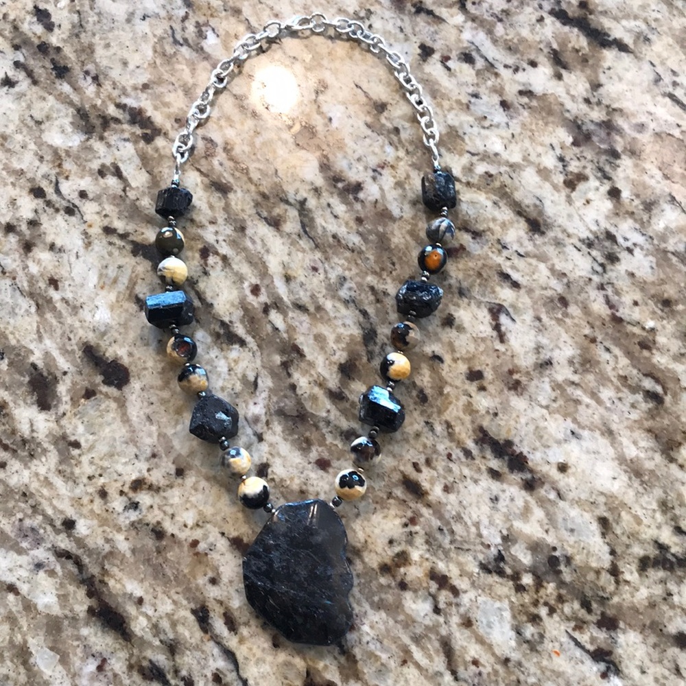 Real agate, tourmaline, sterling plated necklace